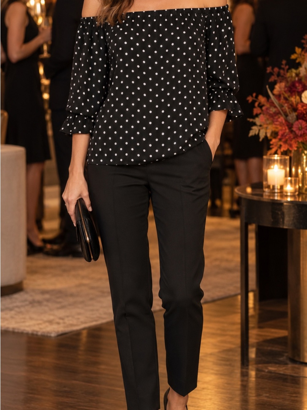 Theory Black and White Polka Dot Off-Shoulder 100% Silk Blouse